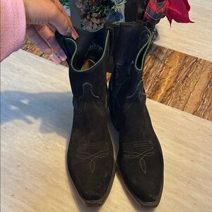 Lucchese Black Ankle Boots with Green Stitching